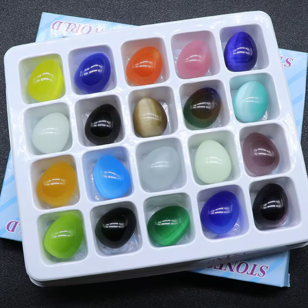 20PCS Set Mixed Color Egg Shaped Cat Eye Tumbled Polished Stones Crystal Mini Egg for Jewelry